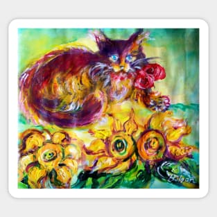 CAT WITH RED RIBBON AND SUNFLOWERS Sticker